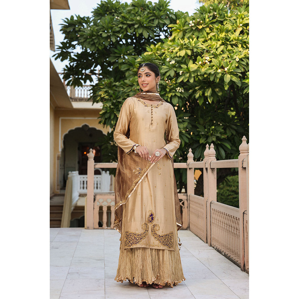 Label Niti Bothra Beige Riwayat Embroidered Kurta with Skirt and Dupatta (Set of 3)