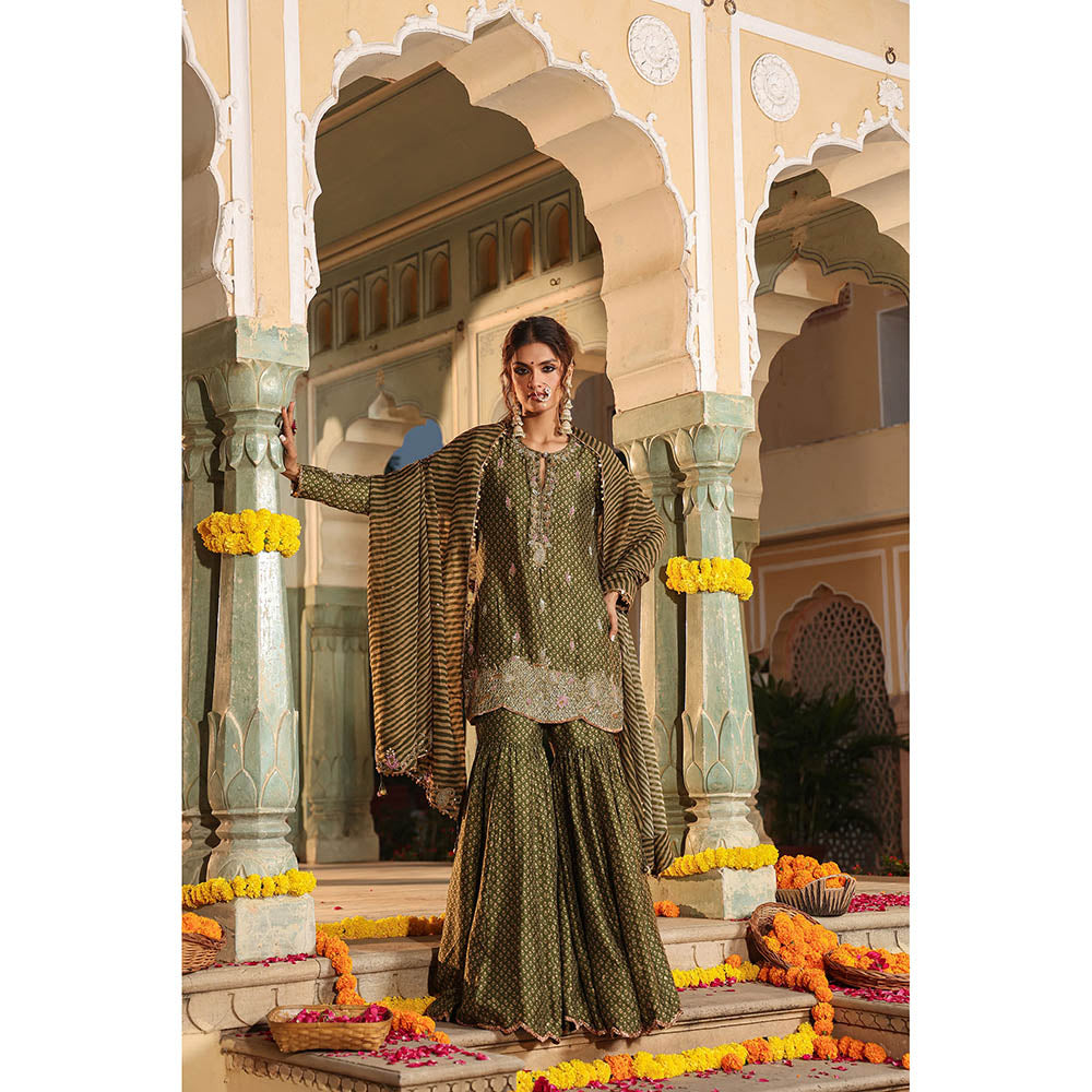 Label Niti Bothra Green Riwayat Printed Embroidered Kurti with Sharara and Dupatta (Set of 3)