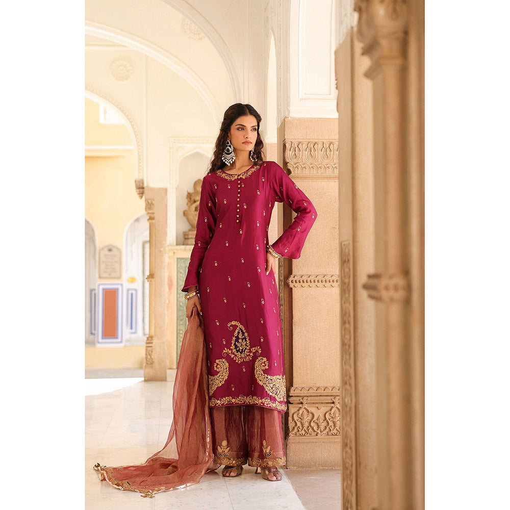 Label Niti Bothra Wine Riwayat Embroidered Kurta with Palazzo and Dupatta (Set of 3)