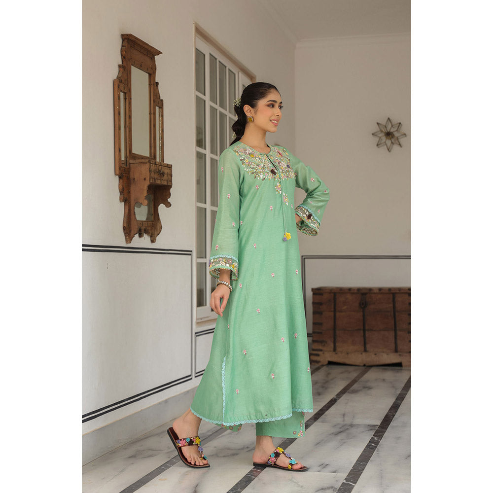 Label Niti Bothra Green Gulzar Round Neck Embroidered Kurta and Pant (Set of 2)