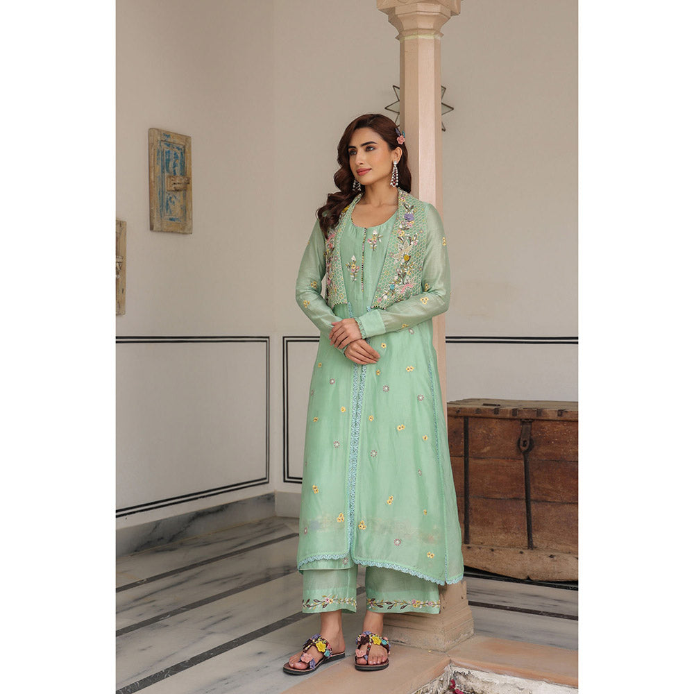 Label Niti Bothra Green Gulzar Embroidered Kurta with Pant and Jacket (Set of 3)