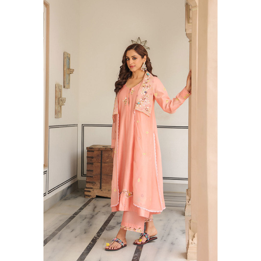 Label Niti Bothra Peach Gulzar Embroidered Kurta with Pant and Jacket (Set of 3)