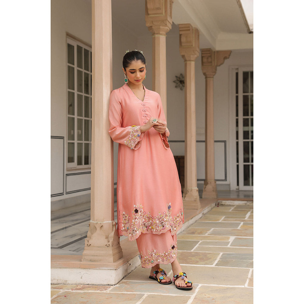 Label Niti Bothra Peach Gulzar Scallop Embroidered Kurta and Pant (Set of 2)