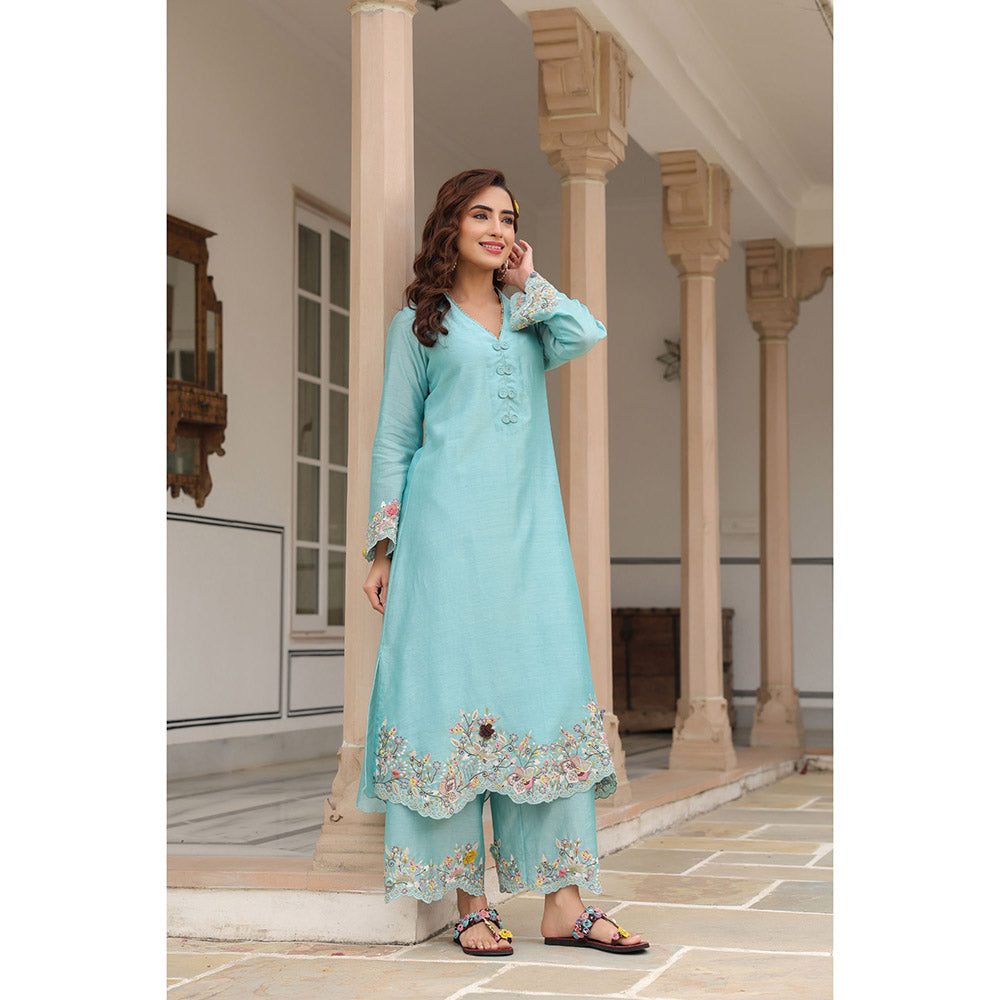 Label Niti Bothra Blue Gulzar Scallop Embroidered Kurta and Pant (Set of 2)