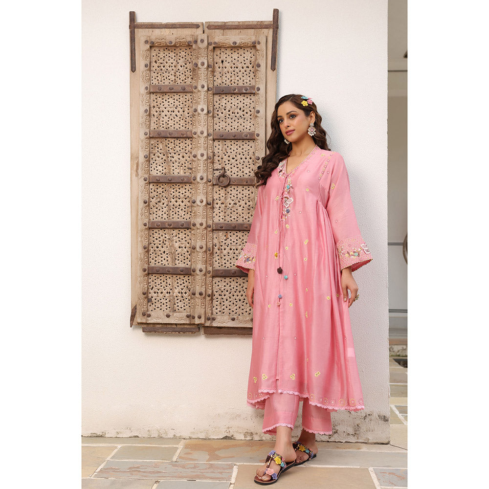 Label Niti Bothra Pink Gulzar Kalidar Embroidered Kurta with Slip and Pant (Set of 3)