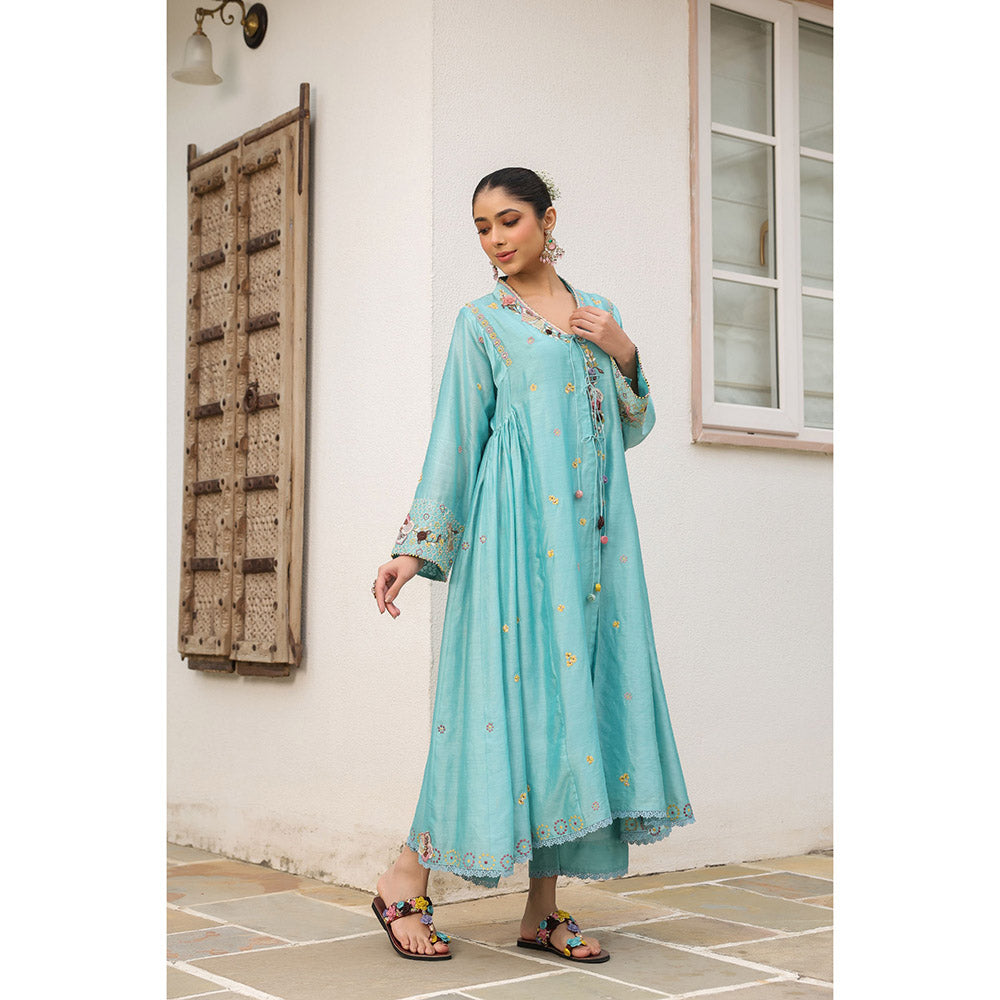 Label Niti Bothra Blue Gulzar Kalidar Embroidered Kurta with Slip and Pant (Set of 3)