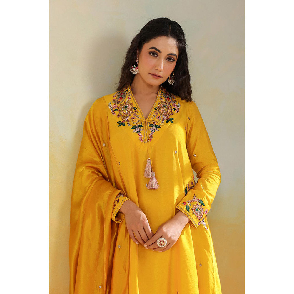 Label Niti Bothra Yellow Zardozi Paisley Pocket Kurta With Palazzo And Dupatta