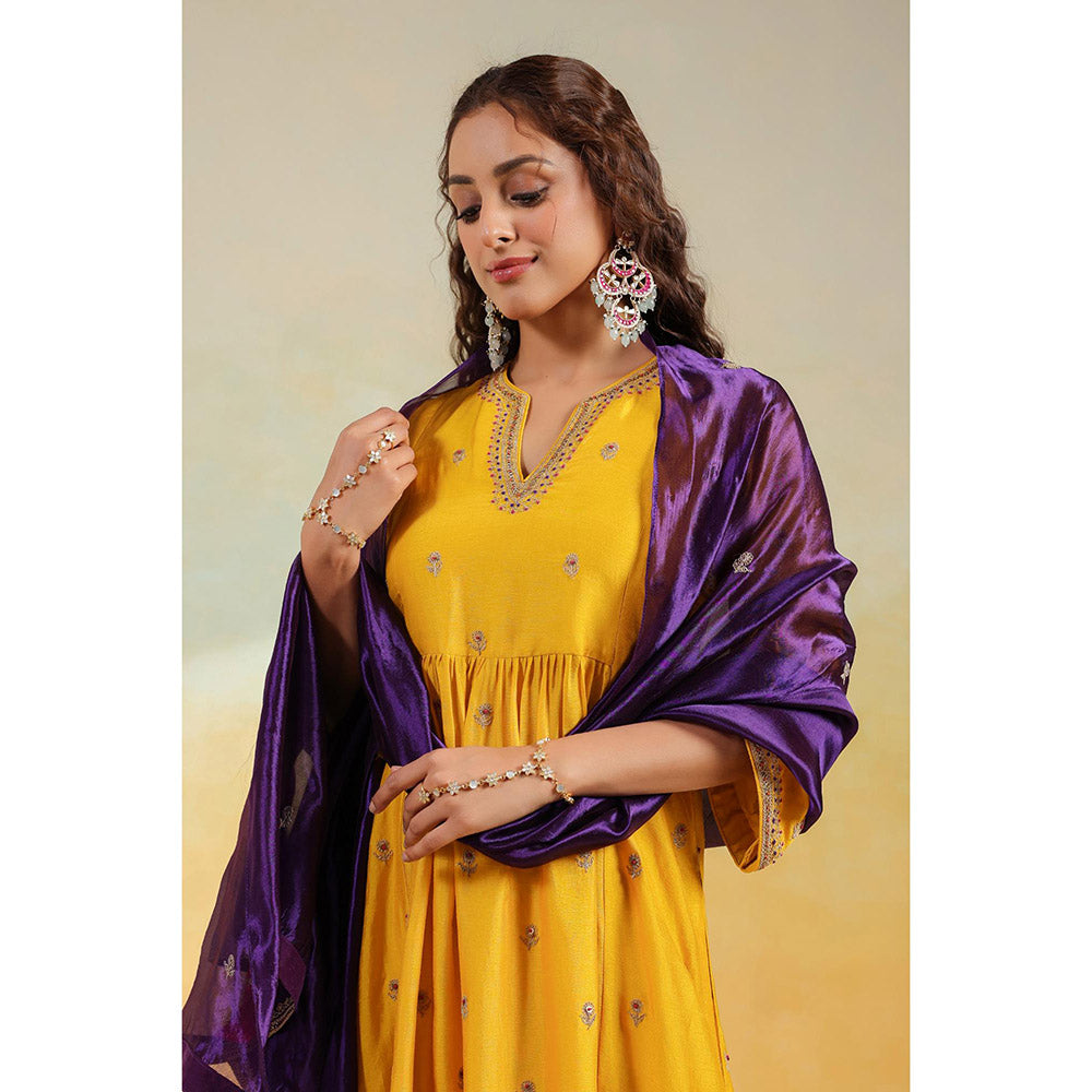 Label Niti Bothra Yellow Multi Zardozi Buti Anarkali Kurta With Pant And Dupatta