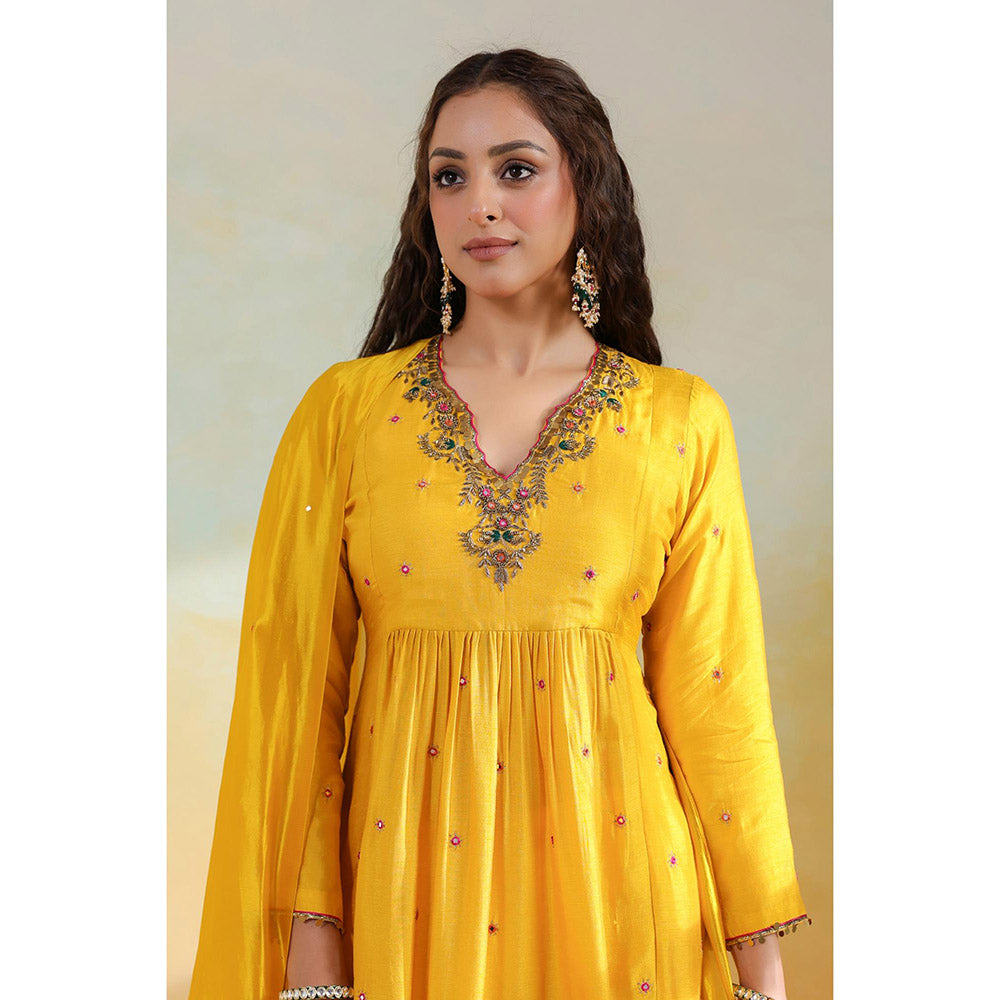Label Niti Bothra Yellow Multicolour Zardozi Anarkali Kurta With Pant And Dupatta