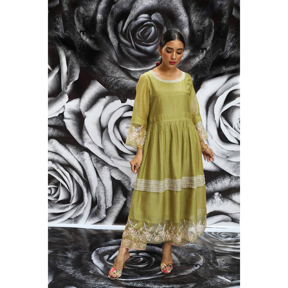 Label Niti Bothra Green Embroidered Pleats Heavy Kurta With Palazzo