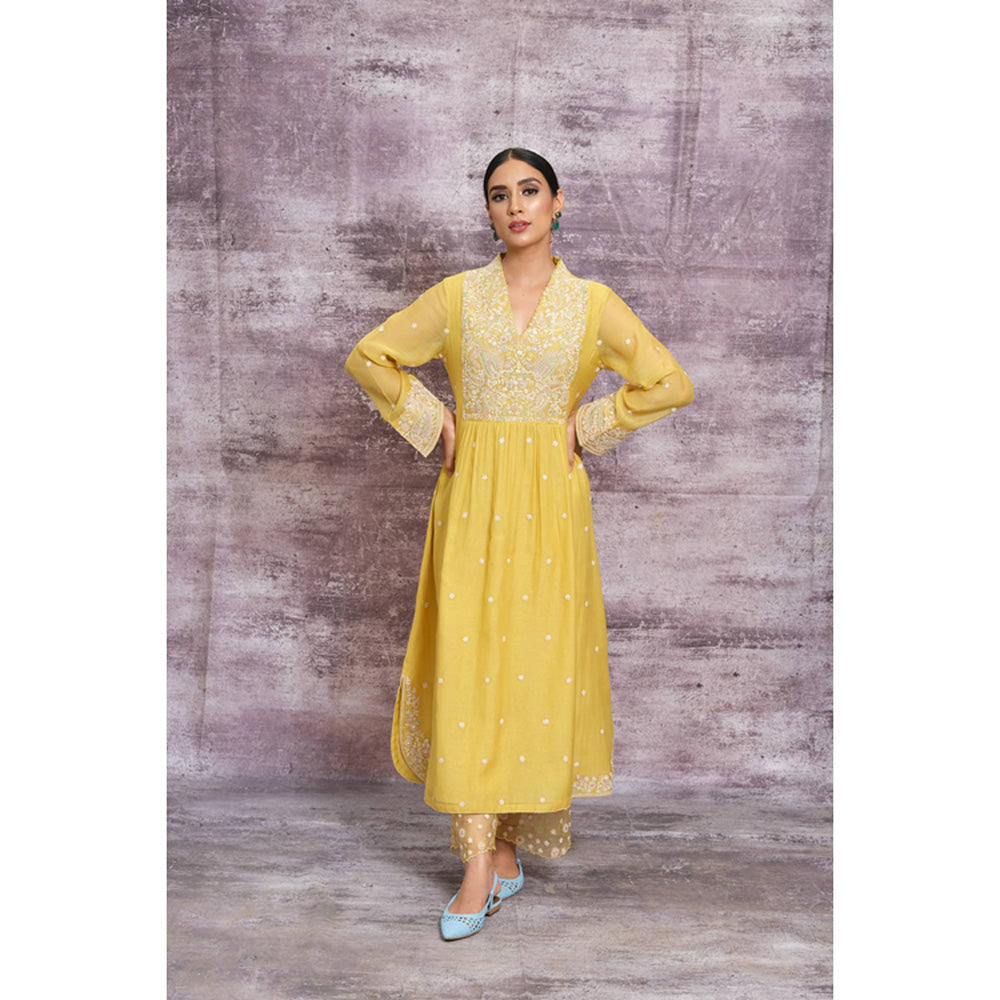 Label Niti Bothra Yellow Dori Embroidered Frock Style Kurta With Palazzo