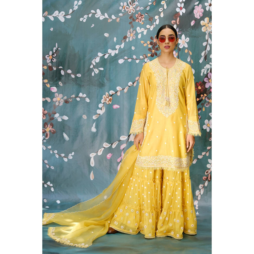 Label Niti Bothra Yellow Dori Embroidered Kurta With Sharara And Dupatta