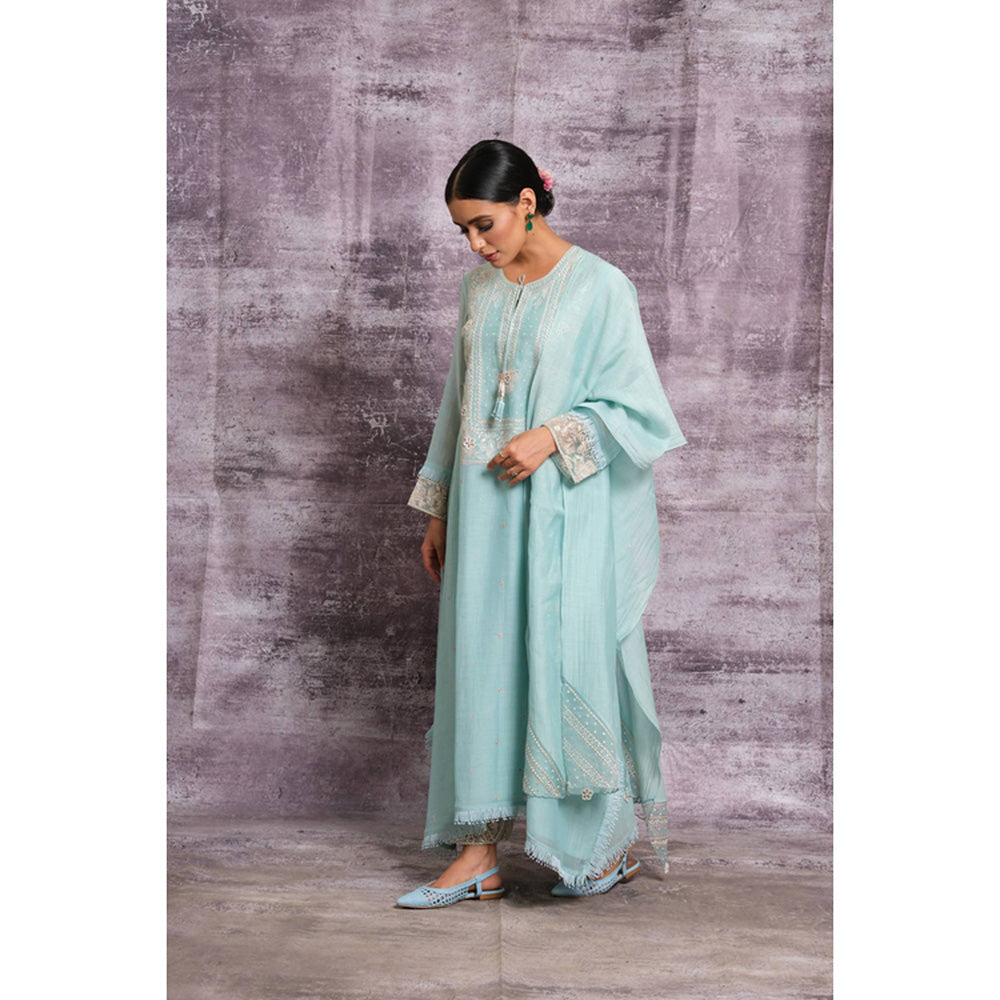 Label Niti Bothra Light Blue Dori Embroidered Yoke Long Kurta With Palazzo And Dupatta