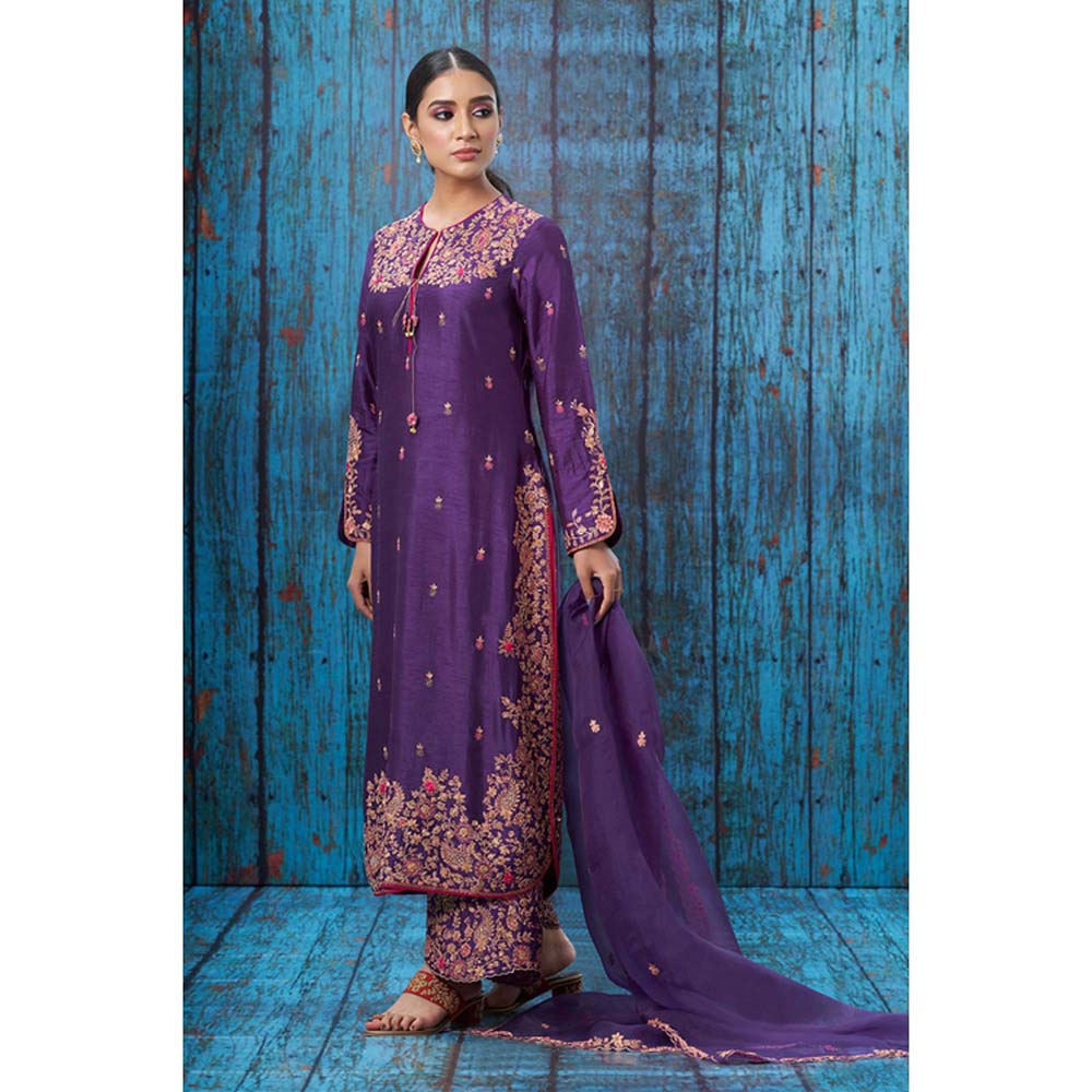 Label Niti Bothra Purple Kairi Buta Jaal Long Kurta With Palazzo And Dupatta