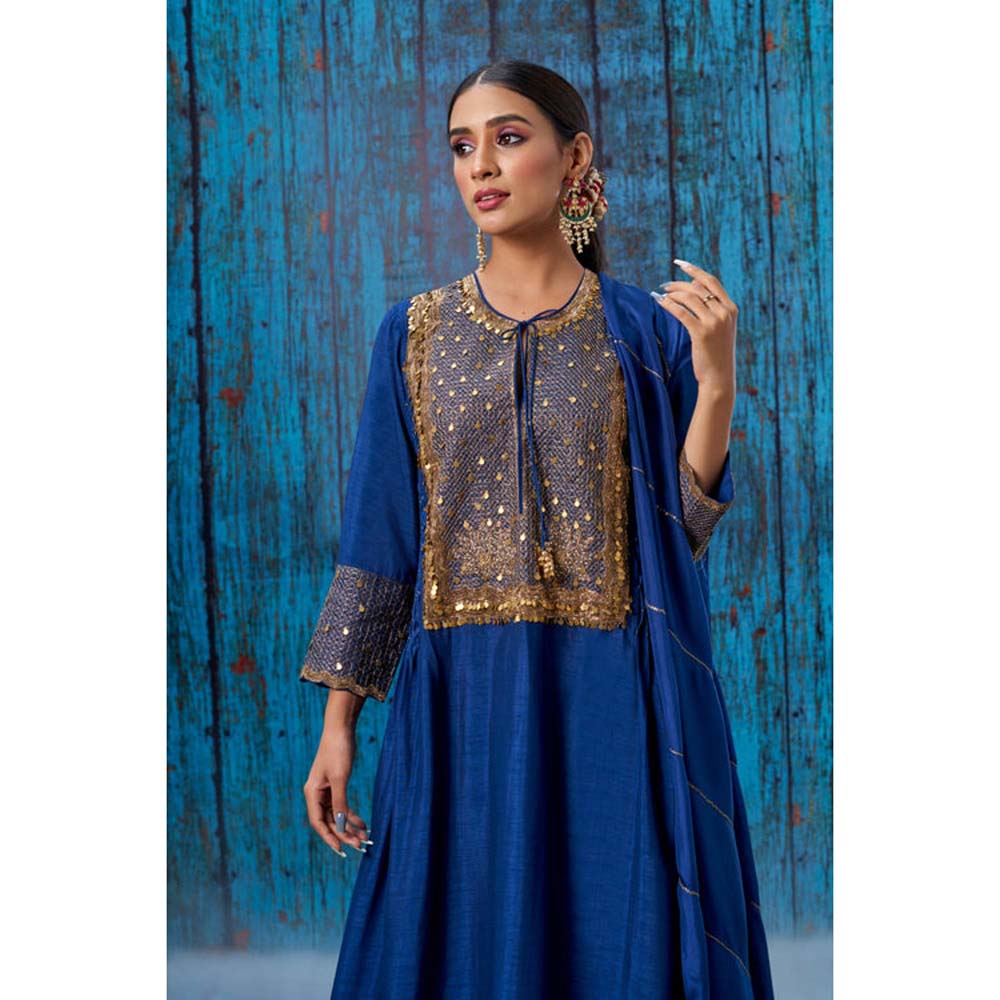 Label Niti Bothra Blue Lotus Yoke Heavy Neck Kurta With Palazzo