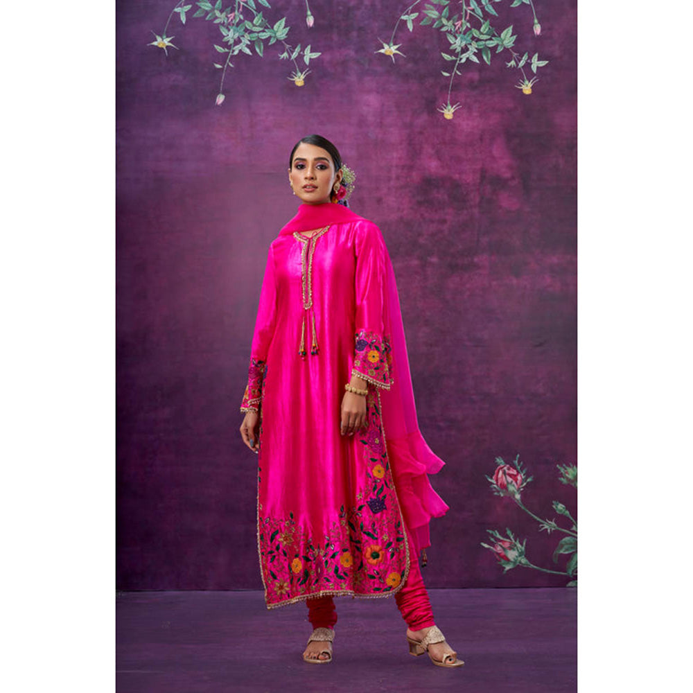 Label Niti Bothra Pink Floral Embroidered Long Kurta With Pant And Dupatta