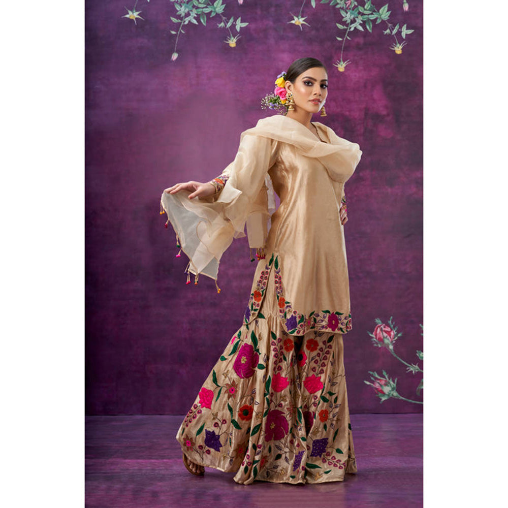 Label Niti Bothra Beige Floral Embroidered Kurta With Sharara And Dupatta