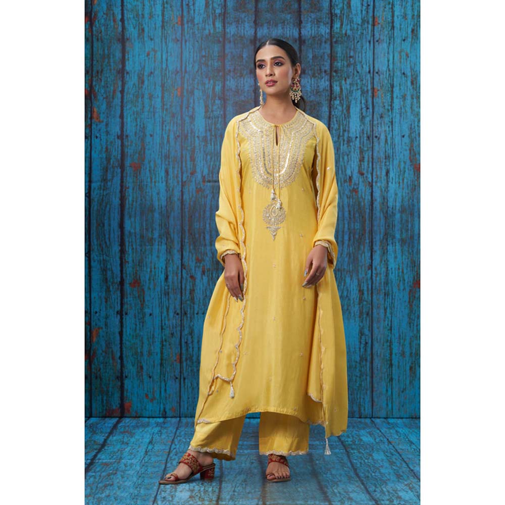 Label Niti Bothra Yellow Tikki And Silver Zardozi Kurta With Palazzo And Dupatta