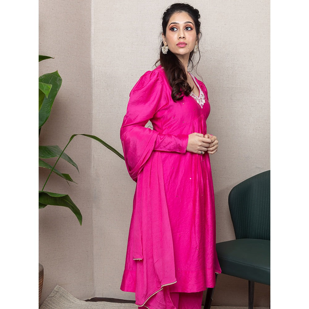 LABEL KIARSH Pink Embellished Puffed Sleeved Kurta with Dupatta (Set of 3)