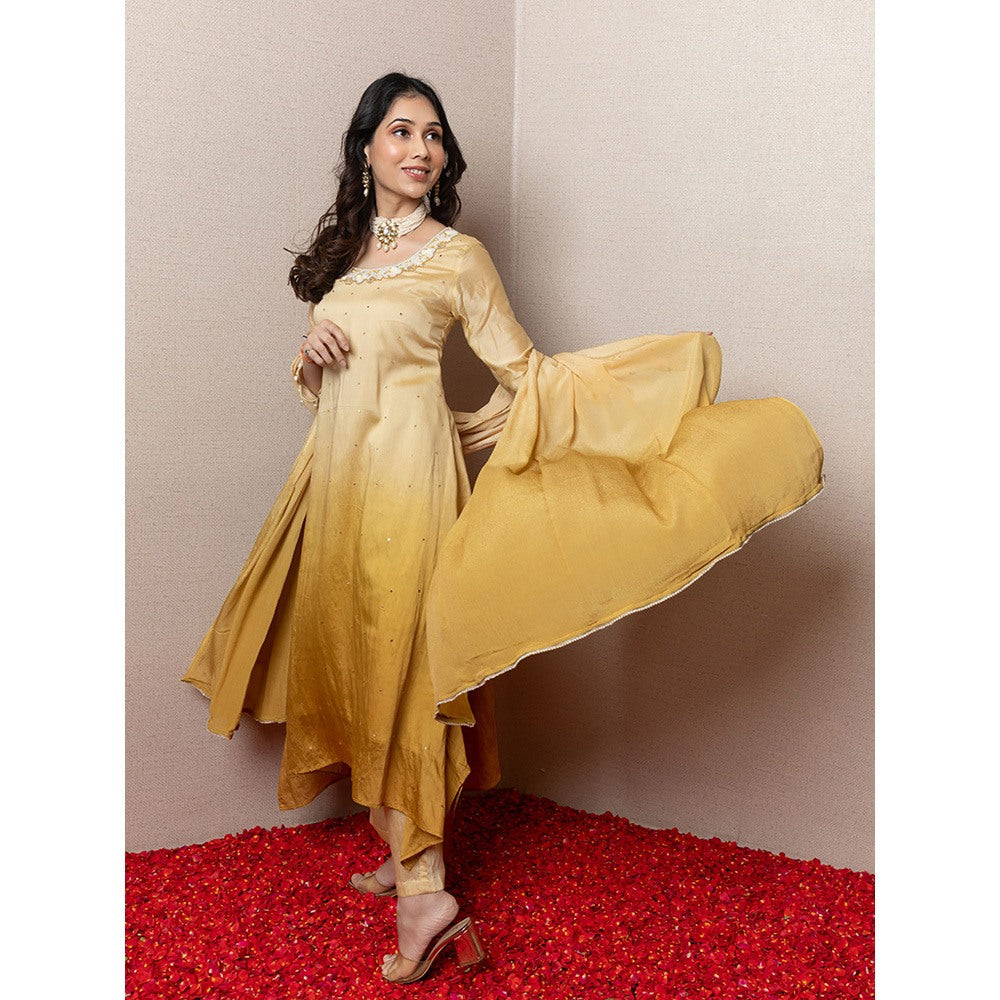 LABEL KIARSH Ombre Mustard Embellished Kurti with Dupatta (Set of 3)
