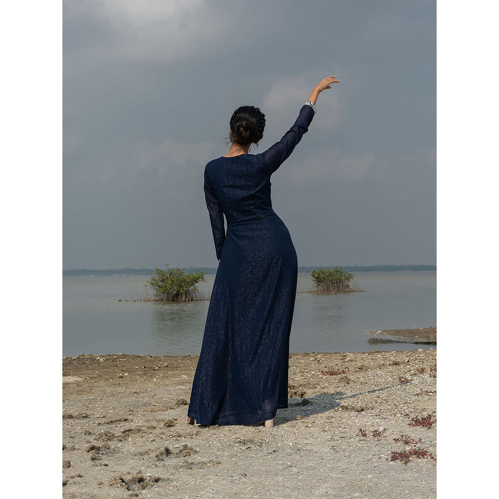 LABEL KIARSH Midnight Blue Embellished Long Jacket Dress
