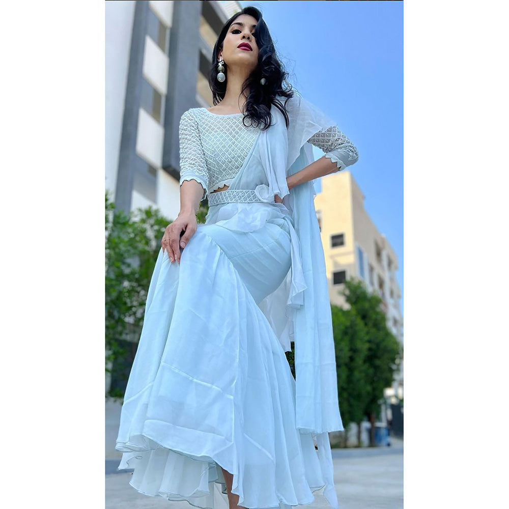 LABEL KIARSH Pale Turquoise Blue Ruffled Pre-Draped Saree Belt with Stitched Blouse