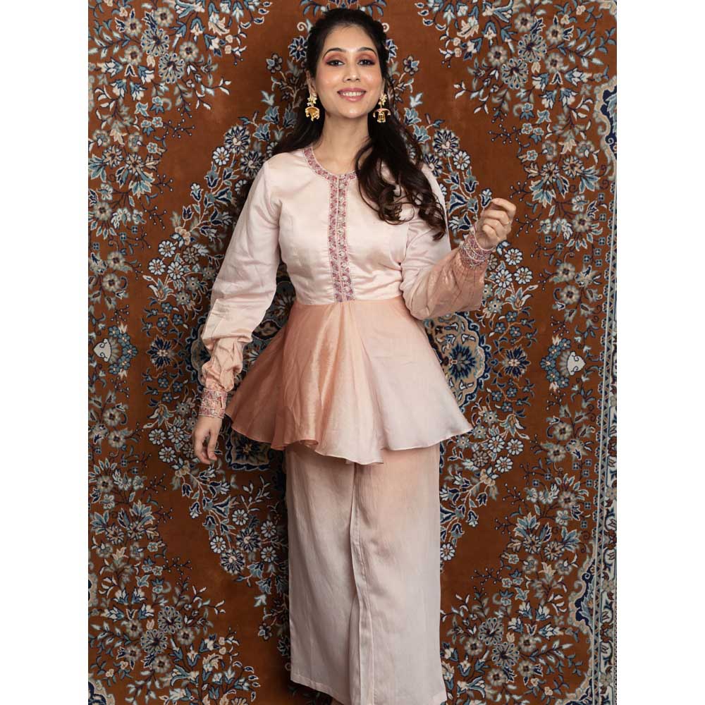 LABEL KIARSH Peach Pink Ombre Embellished Peplum Top with Flared Pants (Set of 2)
