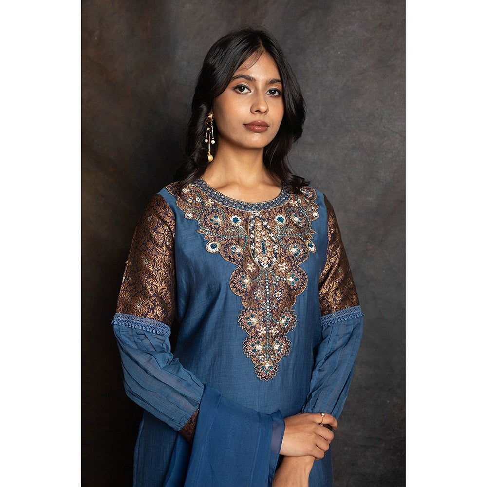 LABEL KIARSH Blue Banarasi Embellished Long Kurta with Pant and Dupatta (Set of 3)