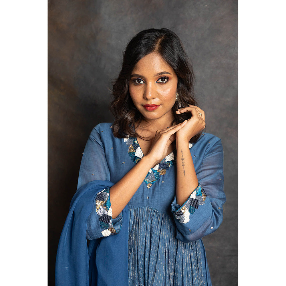 LABEL KIARSH Blue Embellished Gathered Anarkali with Pant and Dupatta (Set of 3)