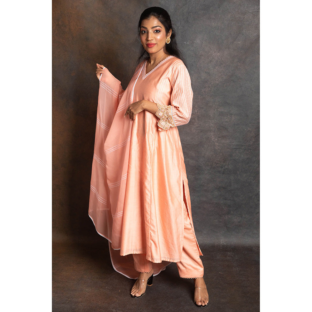 LABEL KIARSH Pastel Peach Gathered Embellished Kurta with Pant and Dupatta (Set of 3)