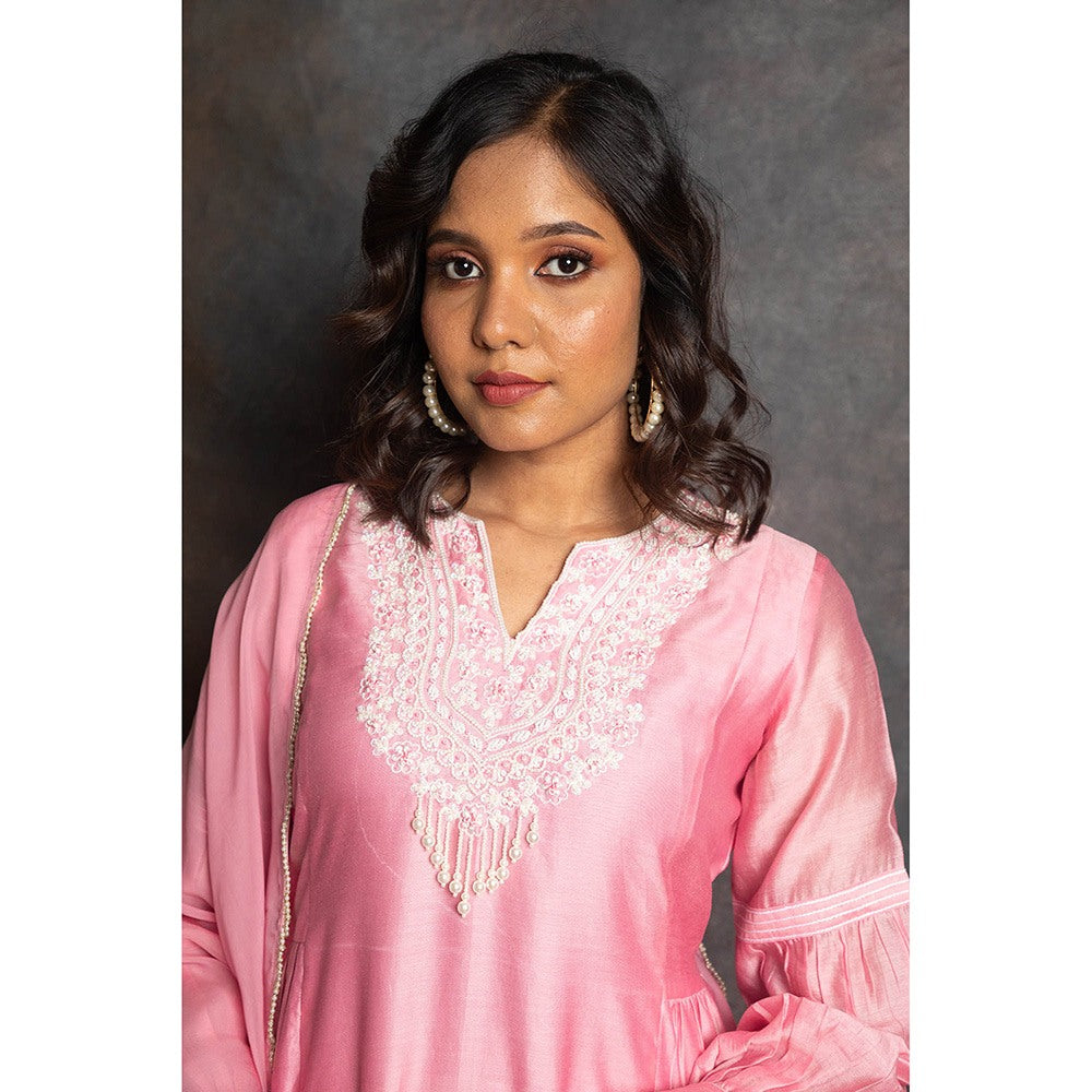 LABEL KIARSH Carnation Pink Gathered Kurta with Pant and Dupatta (Set of 3)