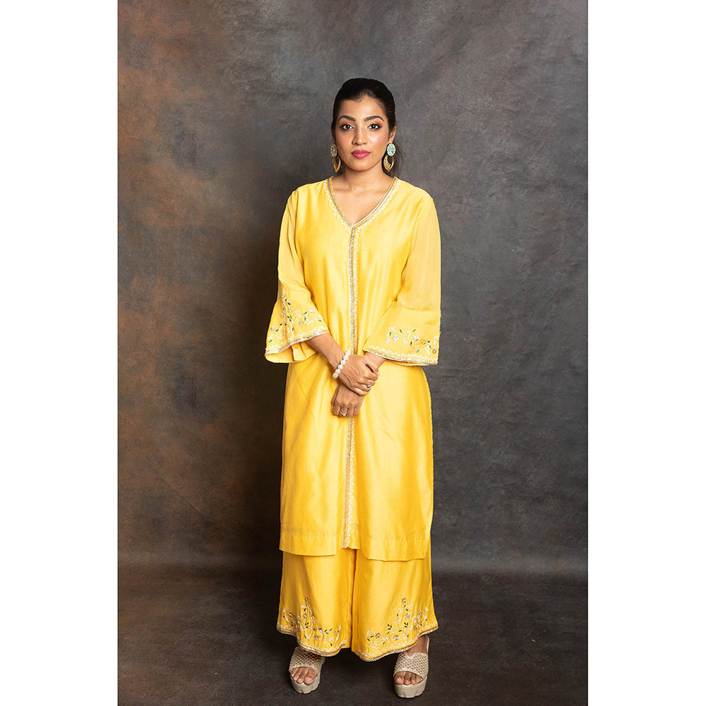 LABEL KIARSH Vivid Yellow Embellished Kurta with Palazzo and Dupatta (Set of 3)