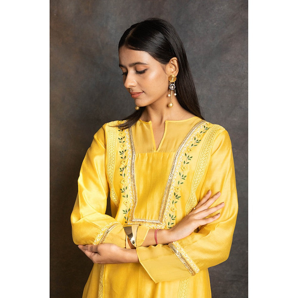 LABEL KIARSH Vivid Yellow Embellished Kurta with Palazzo and Dupatta (Set of 3)