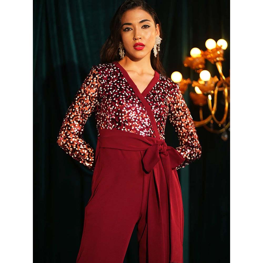 Label Iris Maroon Sequin Tye Jumpsuit