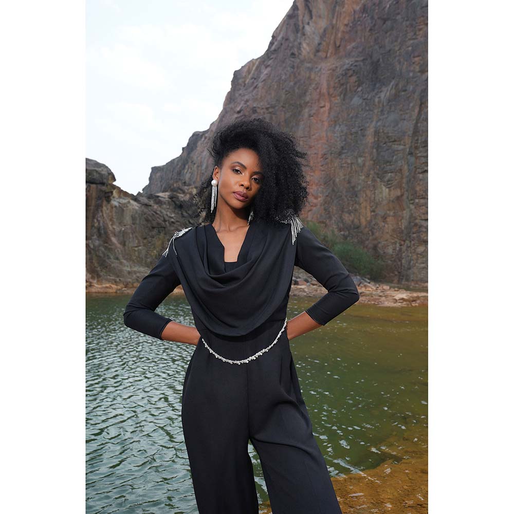 Label Iris Black Cowl Embellished Jumpsuit