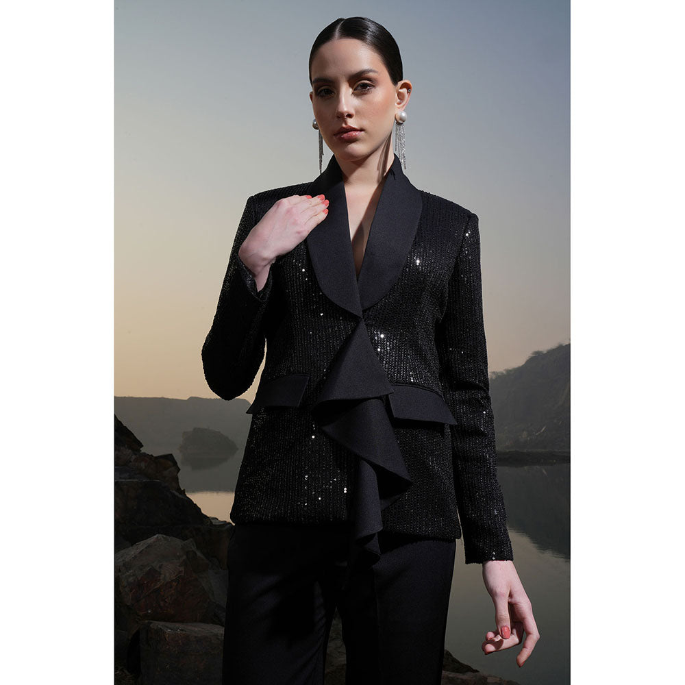 Label Iris Black Sequin Ruffle Jacket With Pant (Set of 2)