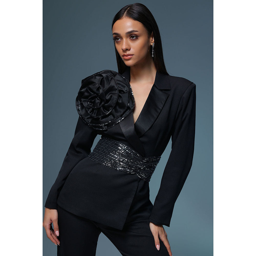 Label Iris Black Sequin Rosette Blazer with Pant (Set of 2)