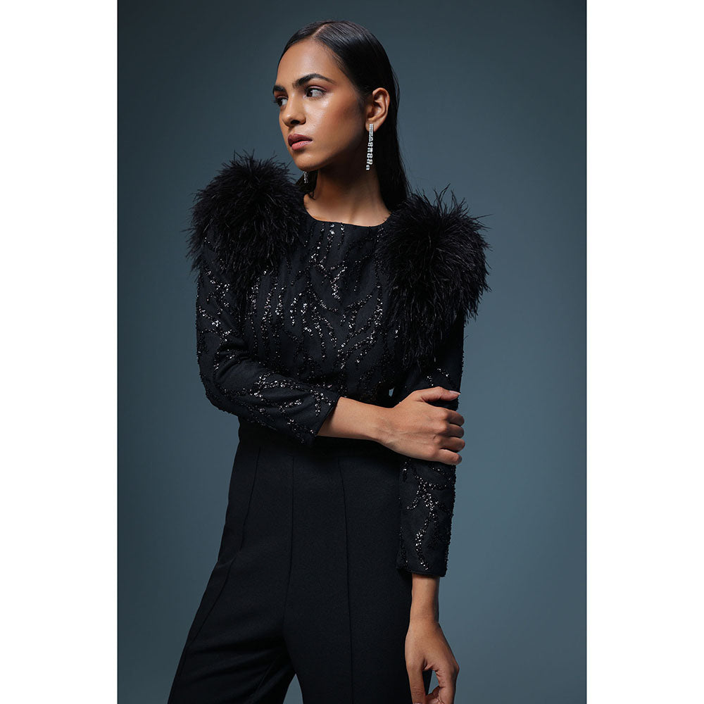 Label Iris Black Feather Sequin Jumpsuit