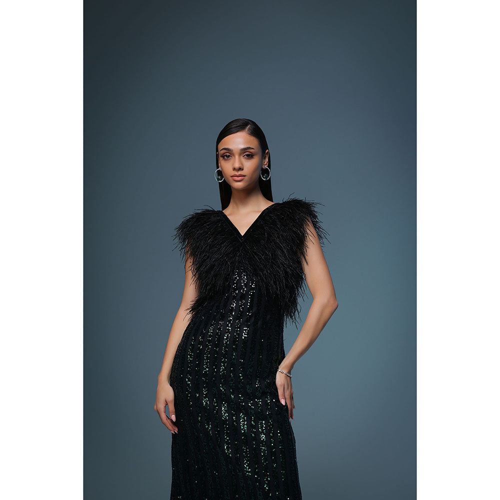Label Iris Black and Emerald Sequin Feather Midi Dress
