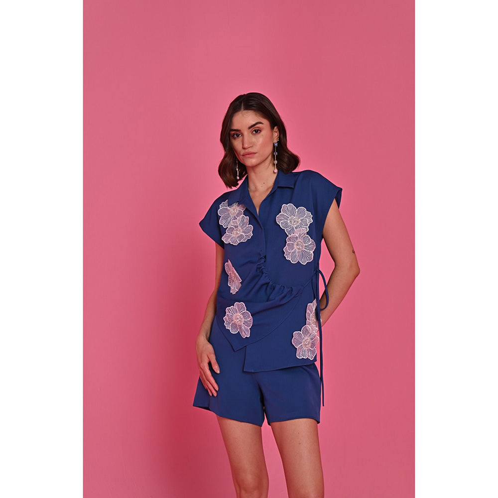 Label Iris Blue Belle Embellished Top and Shorts (Set of 2)