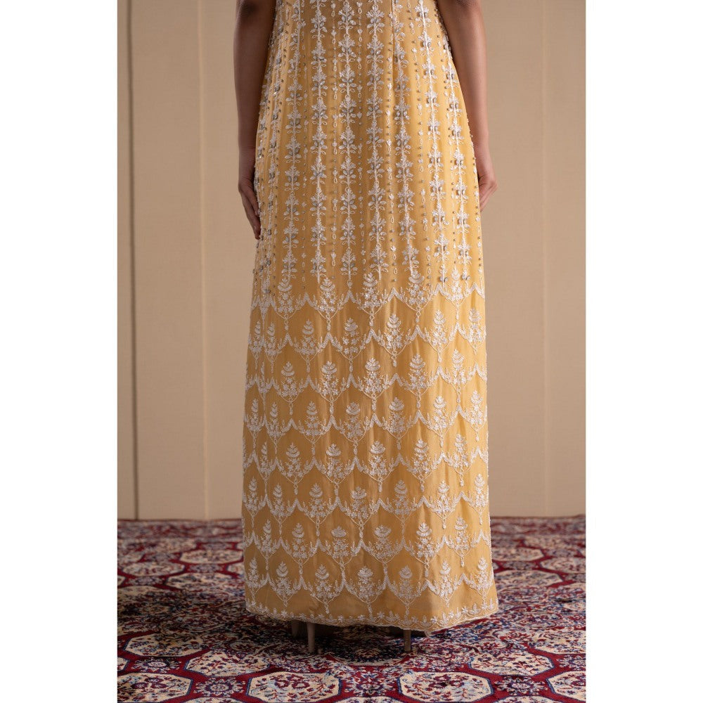 LABEL TANYA CHOPRA Pastel Yellow Organza Jacket with Blouse and Pant (Set of 3)