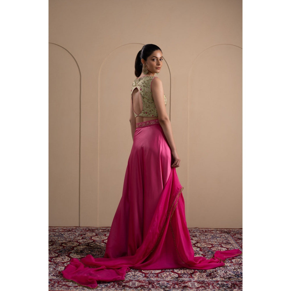 LABEL TANYA CHOPRA Mint Green and Pink Blouse and Skirt with Dupatta (Set of 3)