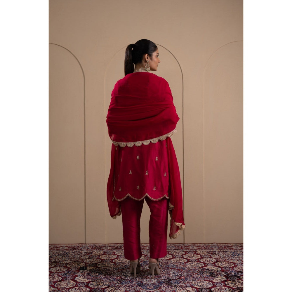 LABEL TANYA CHOPRA Deep Red Kurta and Trouser with Dupatta (Set of 3)