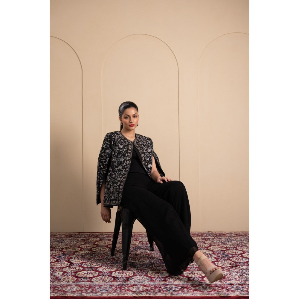 LABEL TANYA CHOPRA Black Cotton Cape with Top and Pants (Set of 3)