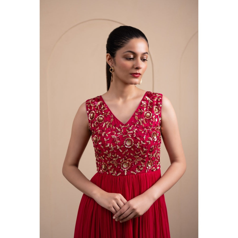 LABEL TANYA CHOPRA Pink Georgette Anarkali Gown with Pants (Set of 2)