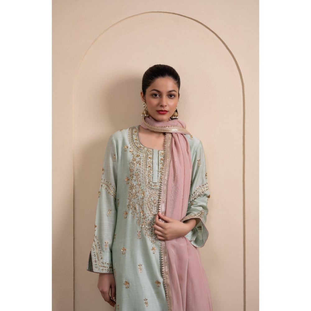 LABEL TANYA CHOPRA Mint Green Chanderi Kurta and Pants with Dupatta (Set of 3)