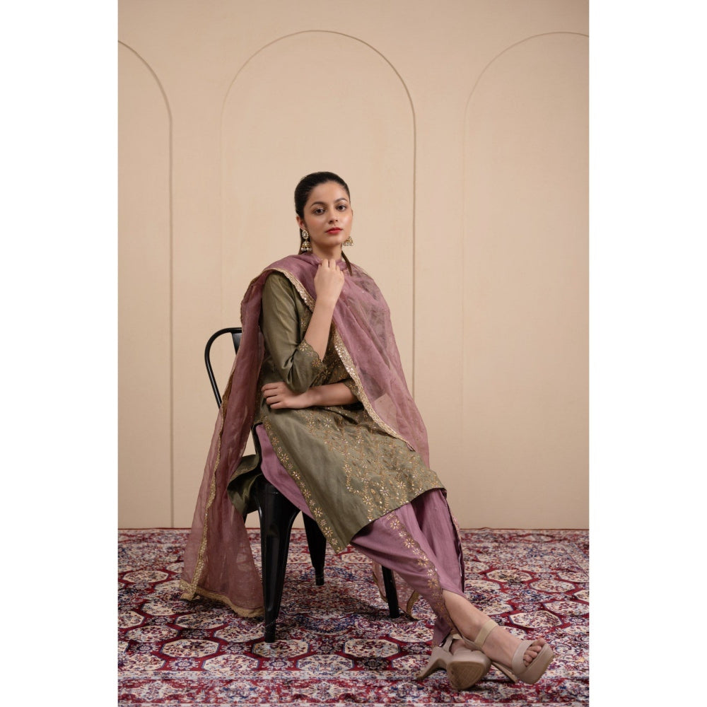 LABEL TANYA CHOPRA Olive Green Chanderi Kurta and Dhoti with Dupatta (Set of 3)