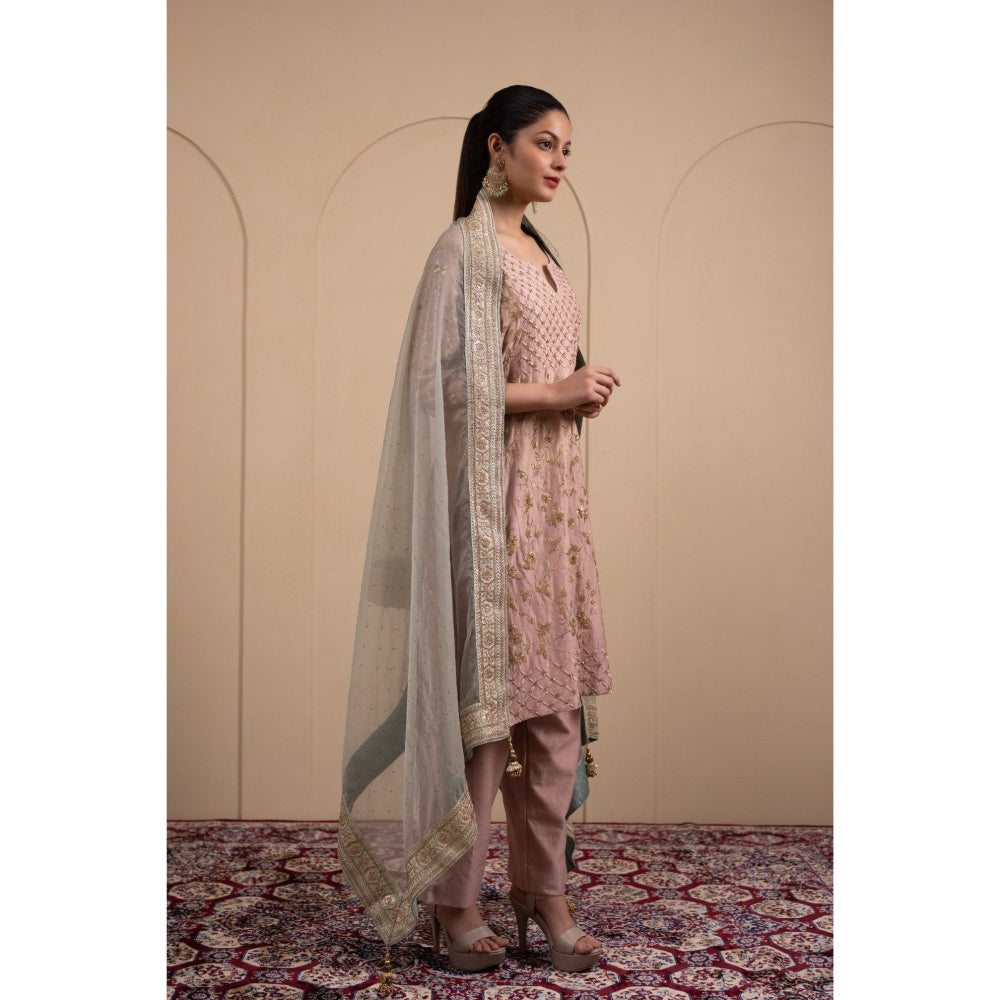 LABEL TANYA CHOPRA Pink Chanderi Kurta and Trouser with Dupatta (Set of 3)