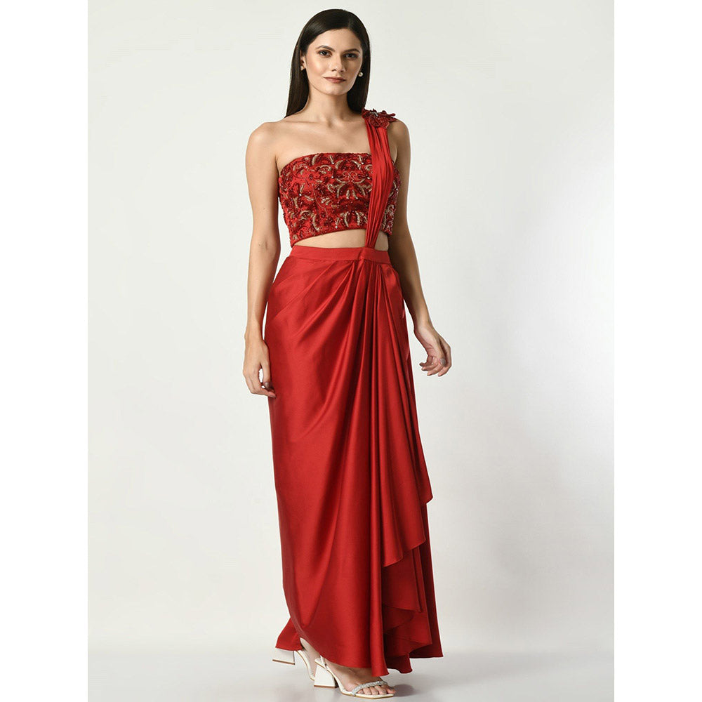 Sunanta Madaan Red Pre-draped Saree with Strapless Corset Sequined with Stitched Blouse