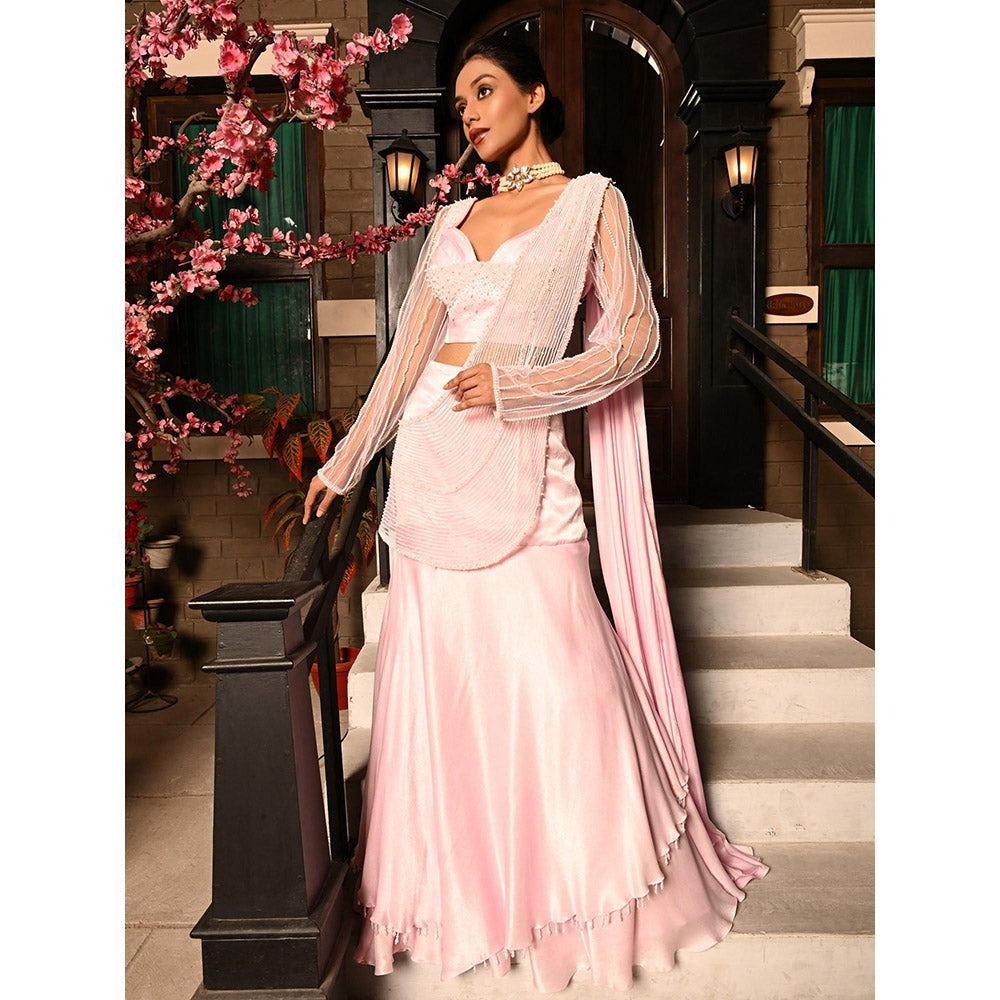 Sunanta Madaan Pink Colour Pre Draped Indo Western Saree with Stitched Blouse